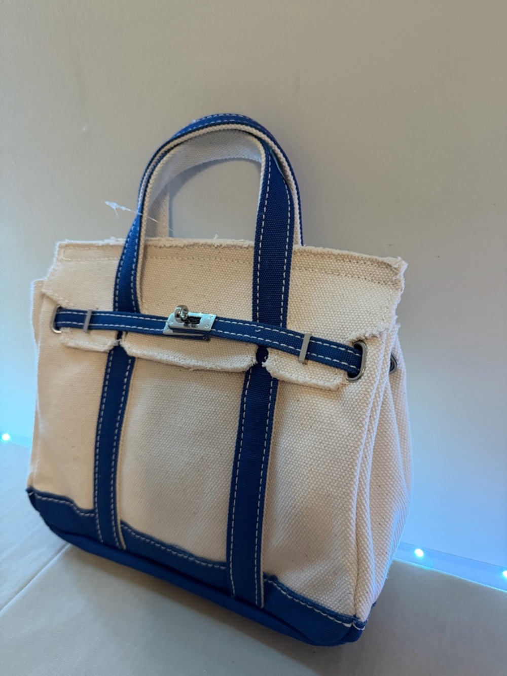 Canvas Tote Handbag in Natural with Blue Trim - Picture 2 of 3